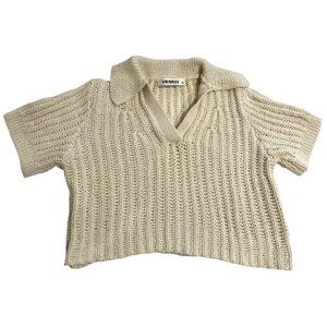 VENROY Crochet Cropped Polo in Off White